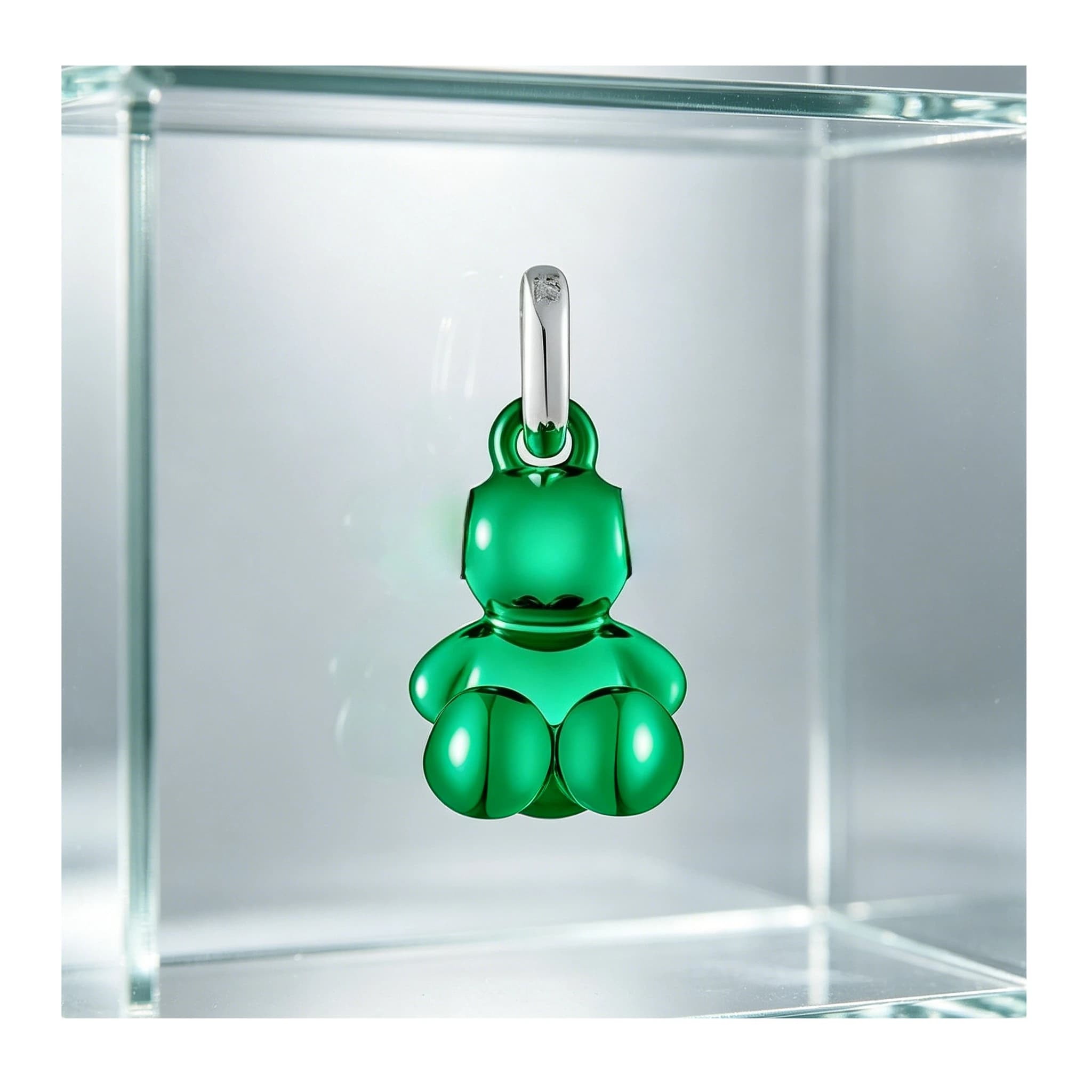 Translucent Emerald Green Jelly Resin Sitting Teddy Bear Charm Polished Silver Bail Glossy Bear Pendant for Bracelet Necklace Jewelry Gift