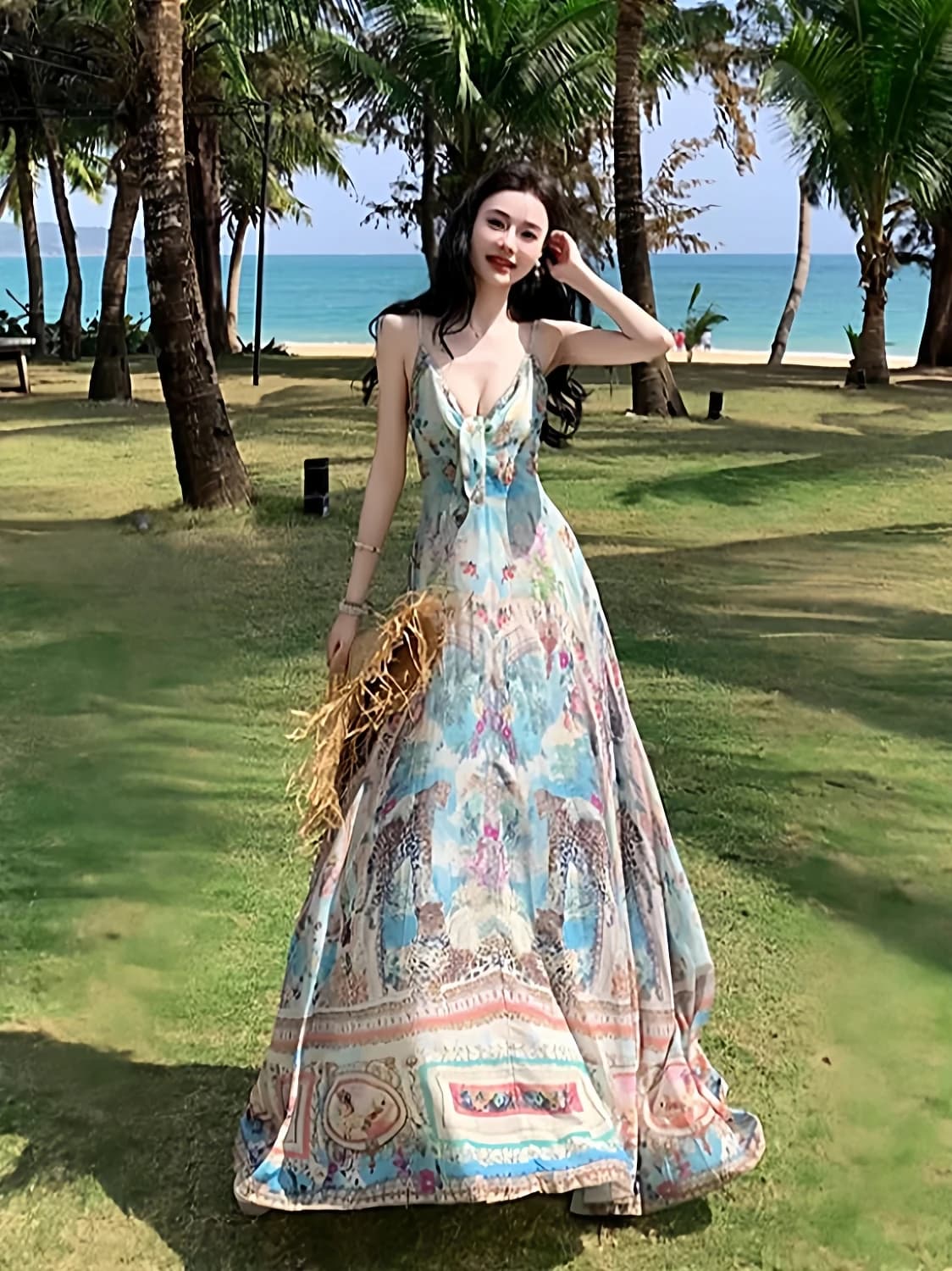 Bohemian Style Printed Maxi Dress Beautiful Vintage Holiday Skirt Wide Hemline Travel Waist-Cinching Women's Dress