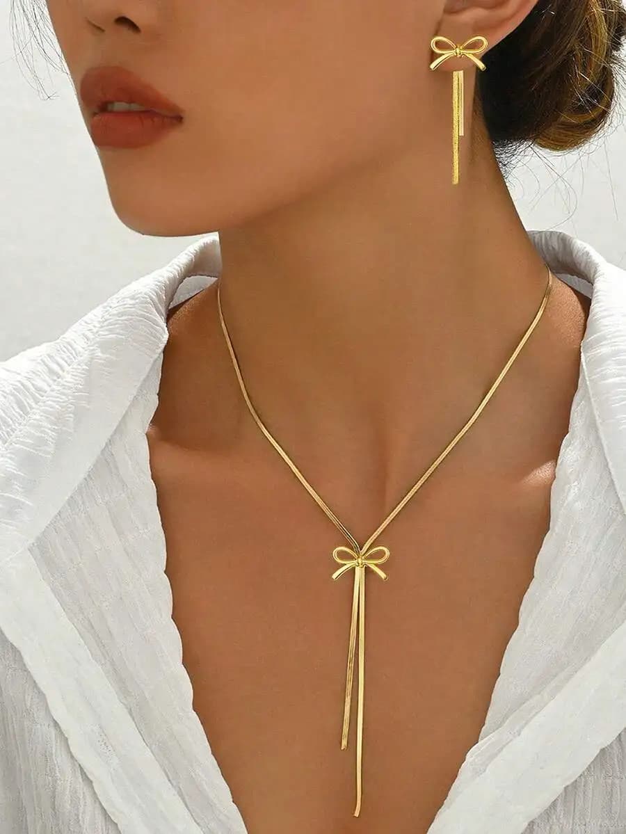 3pcs Stainless Steel Butterfly Pendant Necklace & Earring Set, Fashion Gold Color Jewelry Accessories Suitable For Daily Wear, G