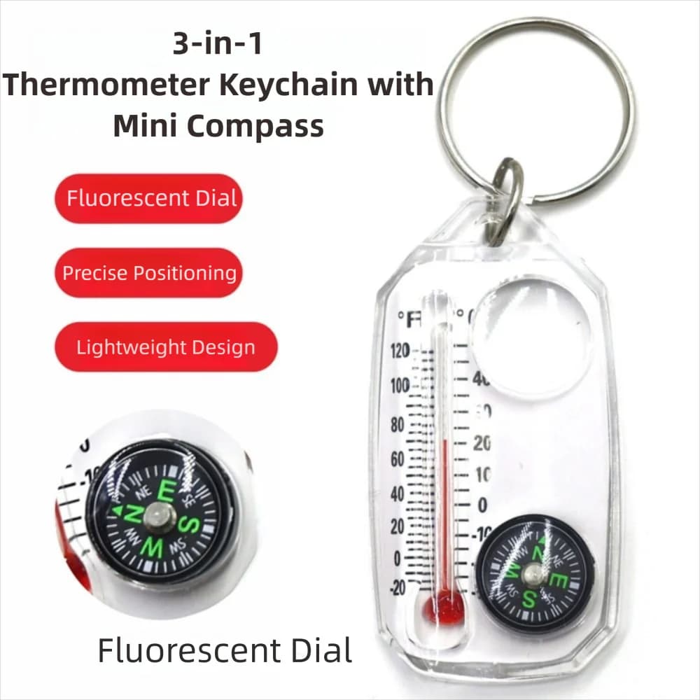 Funzione portatile 3 in 1 Mini bussola Portachiavi Termometri compatti e durevoli Strumento per alpinismo fluorescente Spedizione all'aperto