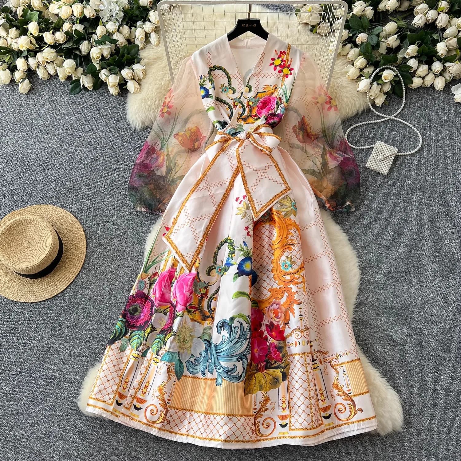 Abito avvolgente con lacci con fasciatura floreale vintage Abito da donna in chiffon con maniche lunghe a lanterna con scollo a V incrociato Tasca con stampa floreale Maxi abiti