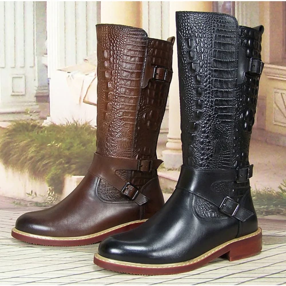 Fashion Men's Embossed Leather Guard of Honor Horse Western Equestrian Boots Knee High Buckle Strap Outdoor Knight Shoes Zip