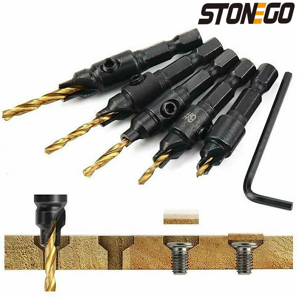 STONEGO Adjustable Countersink Drill Bit Set for Woodworking, Chamfer Drilling Tool with Pilot Counter Sink Holes