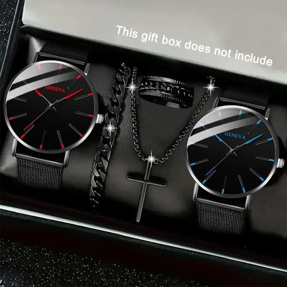 Streetwear Black Men Watch Jewelry 5 In 1 Set Red Blue Scale Dial Mesh Watch Cross Pendant Chain Bracelet Ring Gothic Male Gift