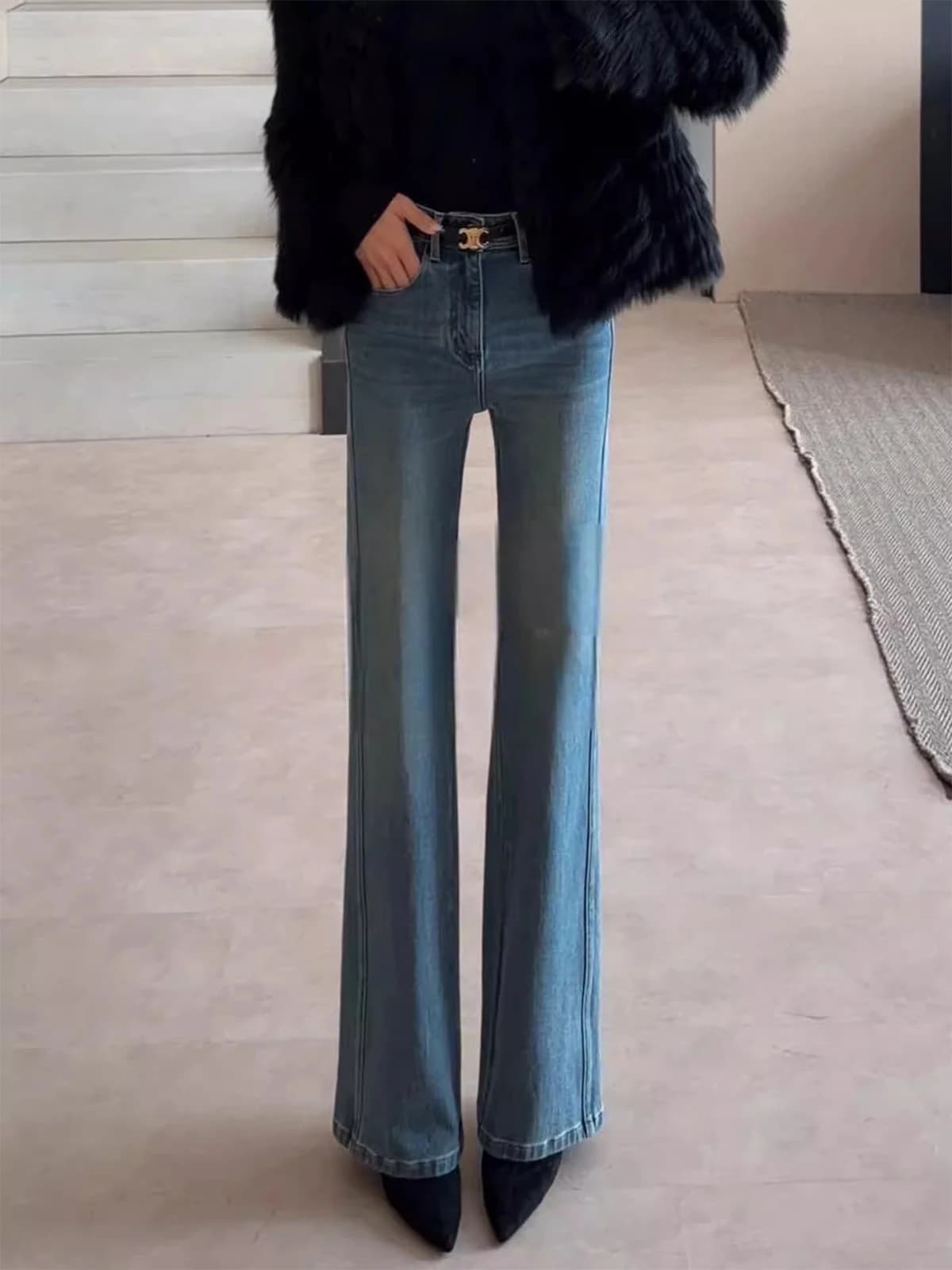 Jeans a Zampa d'Elefante Blu con Fodera in Pile, Vita Alta, Gamba Dritta, Lunghezza al Pavimento, Stile Vintage, Moda Donna Primavera 2026