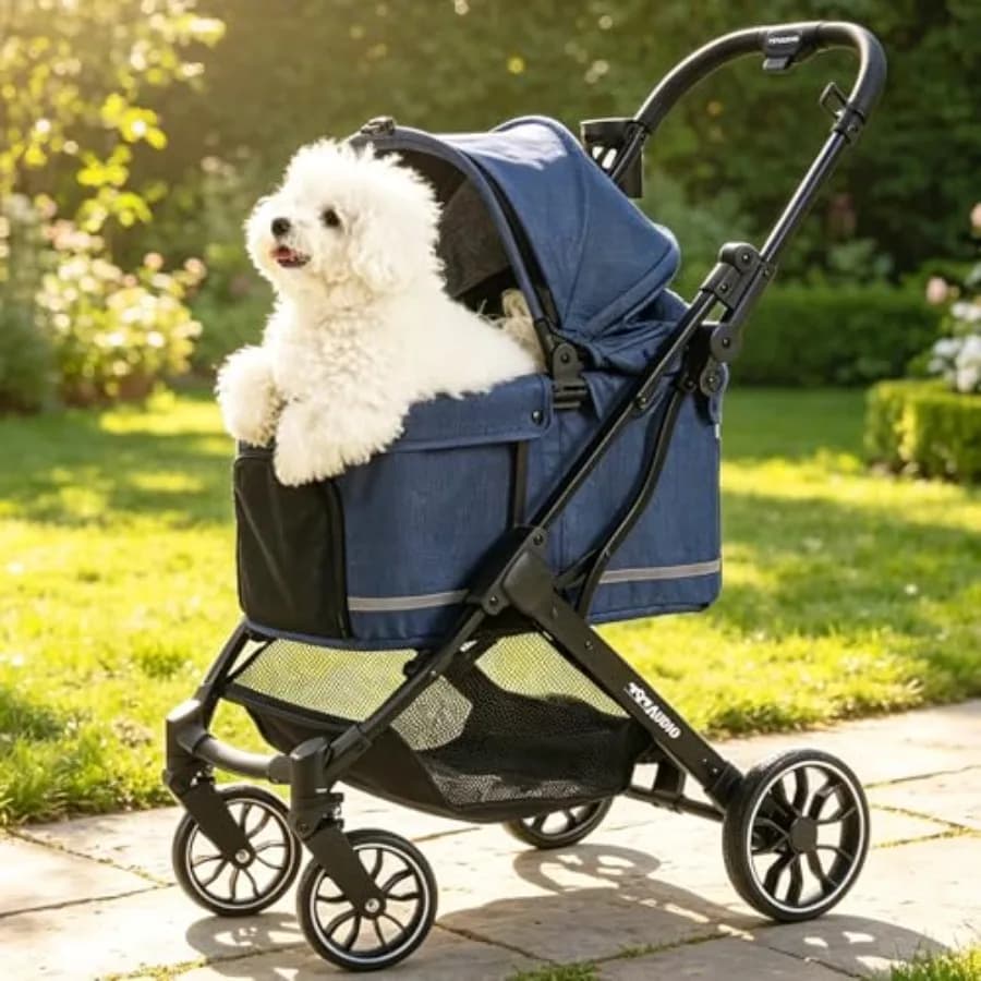 Passeggino per animali domestici per cani e gatti di taglia piccola e media fino a 55 kg, tessuto in poliestere, blu, pieghevole con meccanismo a un clic e 4 ruote