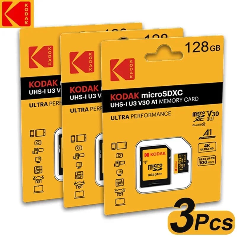 3 pezzi Kodak SD Card 128GB SD/TF Flash Card Mini schede SD con adattatore SD gratuito Scheda di memoria Flash Class10 V30 U3 per fotocamera portatile