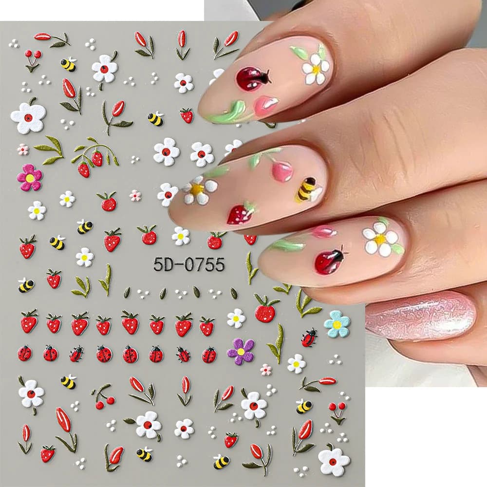 1Pc 5D Embossed Kawaii Ladybug Strawberry Sliders Spring White Daisy Flower Nail Stickers DIY Simple Petal Self-adhesive Decals