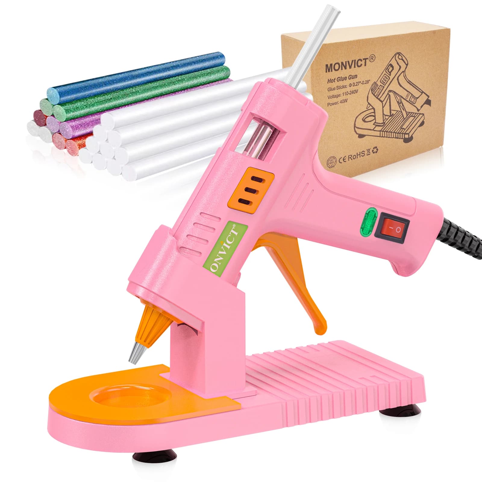 Kit pistola per colla a caldo rosa con supporto a ventosa Tappetino in silicone antiaderente Punta fine e 30 stick di colla, mini pistola per colla per fai da te, artigianato USA