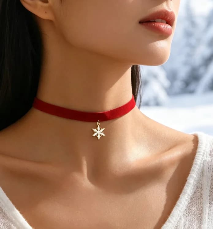 Wine Red Suede Ribbon Micro Pave Crystal Snowflake Pendant Choker Necklace for Women, Christmas Winter Minimal Romantic Collarbone Jewelry, Dainty Holiday Party Stackable Quiet Luxury Gift
