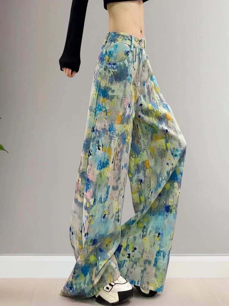 Spring 2026 Street Style High Waist Wide Leg Jeans Women's Loose Fit Straight Print Casual High Sensation Long Pants