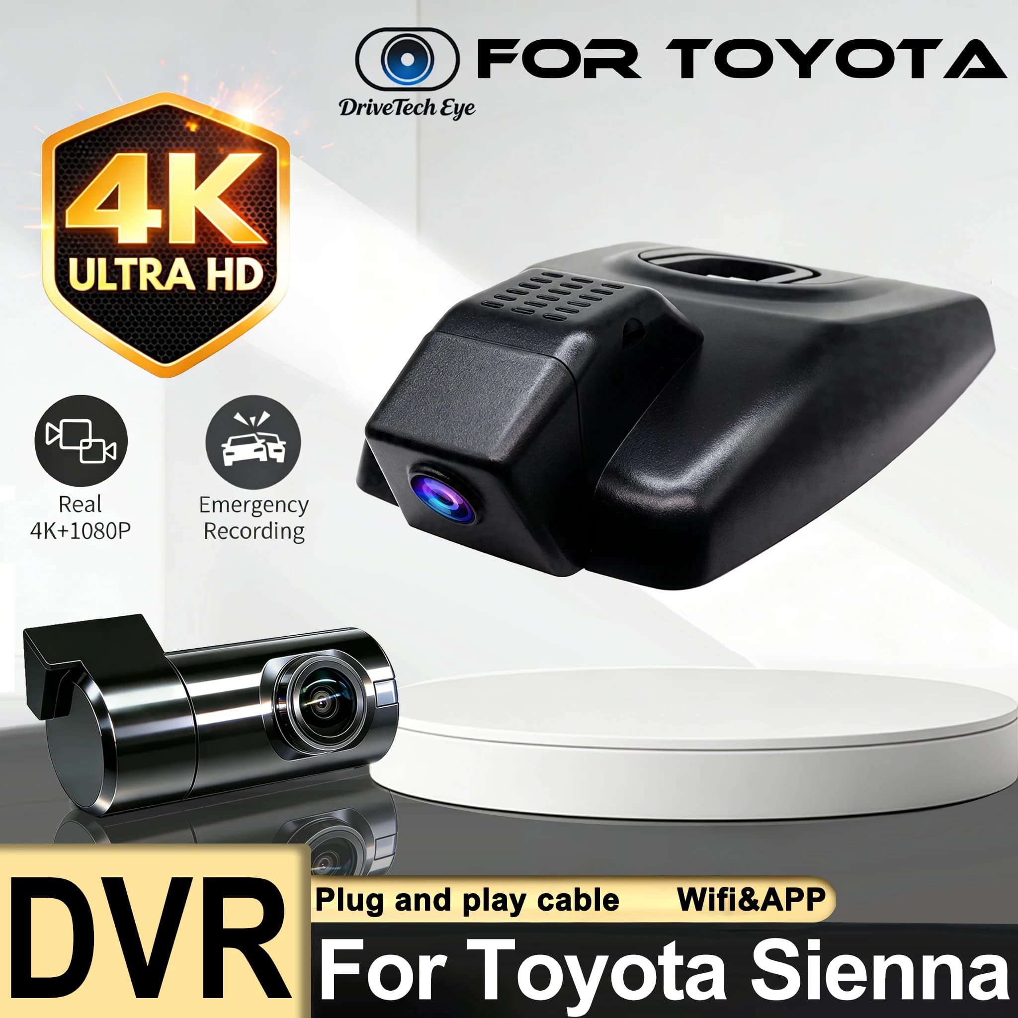 4K WiFi Dash Cam for Toyota Sienna 2021-2026 (XL40), Night Vision & APP Control, HD Car DVR Recorder, Dashcam for Sienna