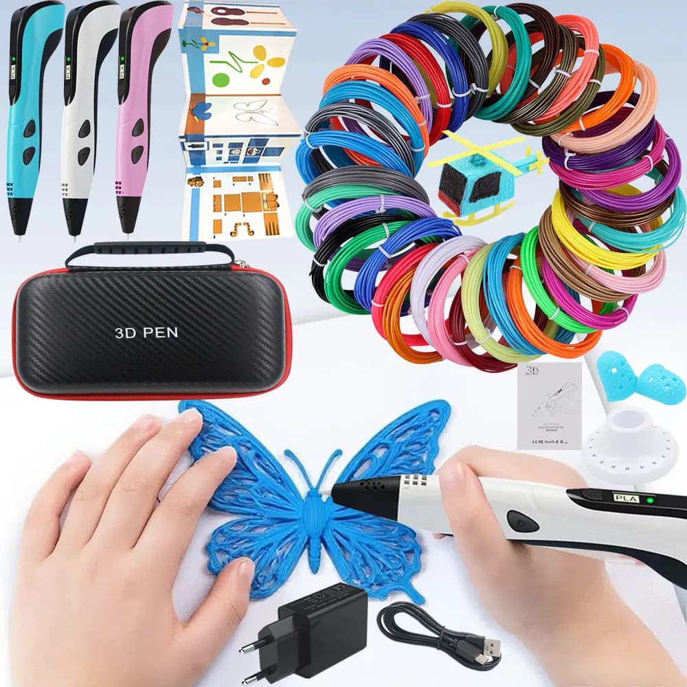 3D painting pen set for children with power adapter 200M 30 colors Travel bag with PLA filament Birthday Christmas Gift for children