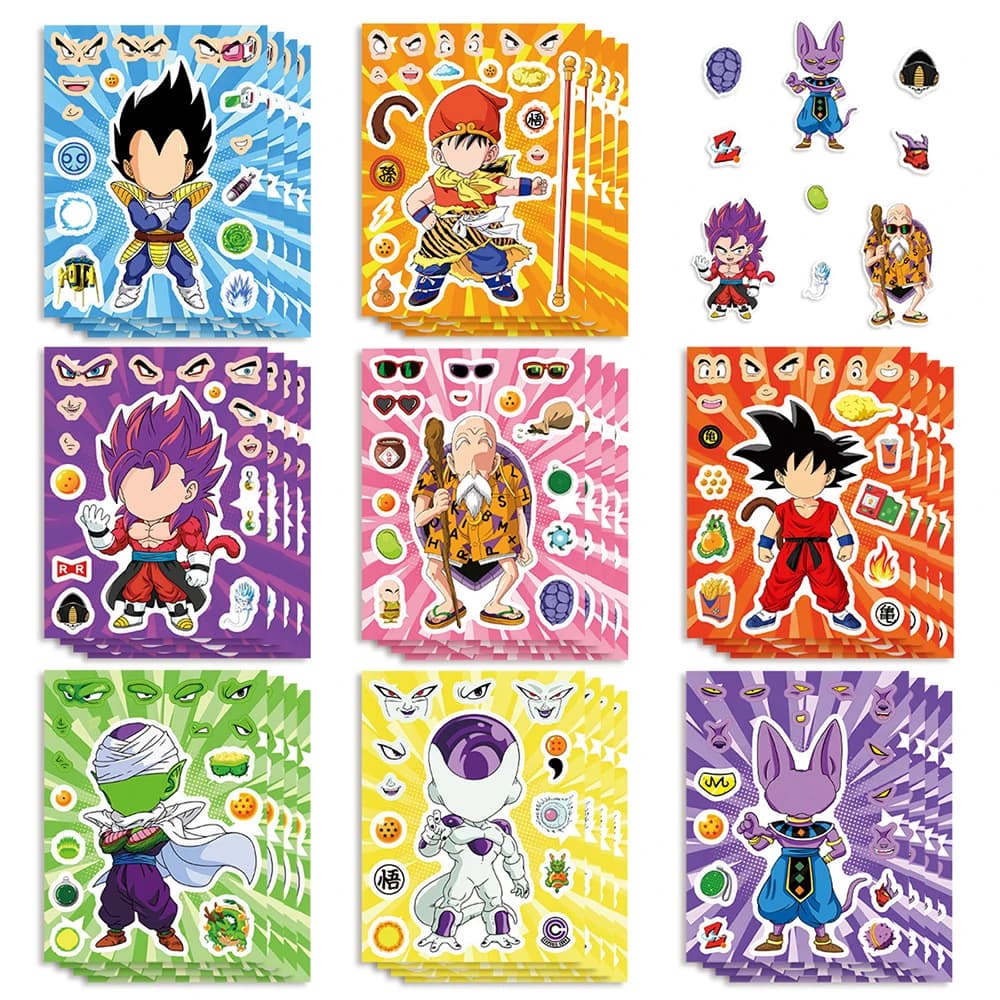 8/16 fogli di adesivi puzzle Dragon Ball Anime Son Goku, fantastici personaggi dei cartoni animati Vegeta Frieza, per creare un volto, fai da te, adesivi da assemblare, all'ingrosso
