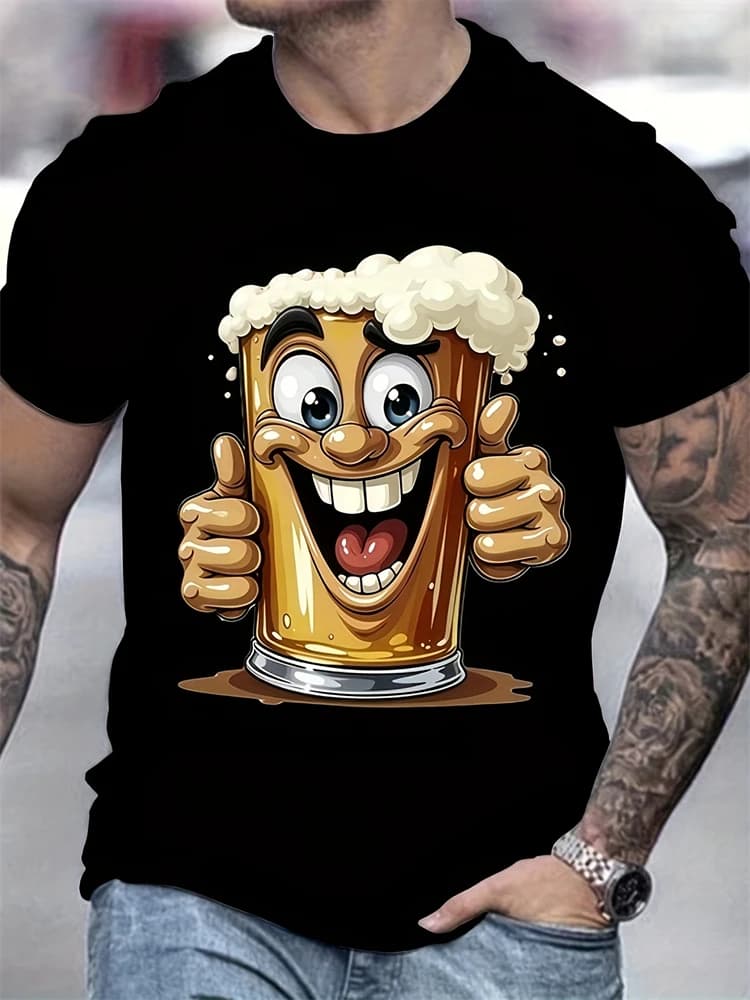 New Men's Summer Fashion Large T-shirt With Printing Beer Mug Crew Neck Short Sleeves Casual Large Size Short Sleeves