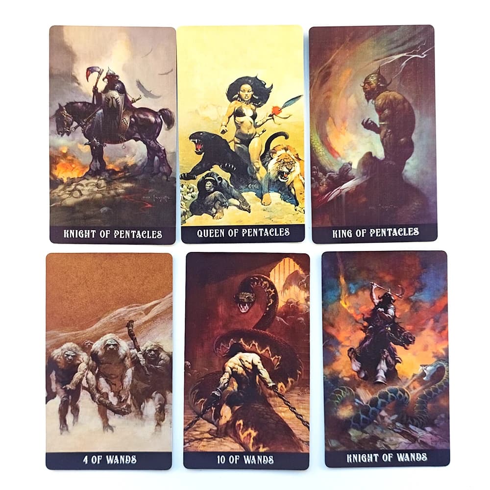 Stampato su cartoncino bifacciale 350GSM 12 * 7 cm Tarocchi Fantasy Frazetta in scatola rigida Carte da 80 pezzi dedicate a Frank Frazetta