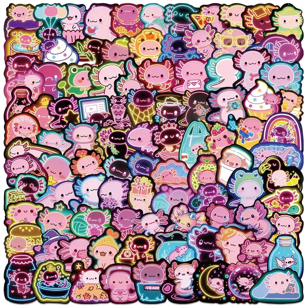 100pcs Cute Cartoon Neon Color Axolotls Stickers For Laptop Guitar Luggage Notebook Waterproof Graffiti Vinyl Phone Decals
