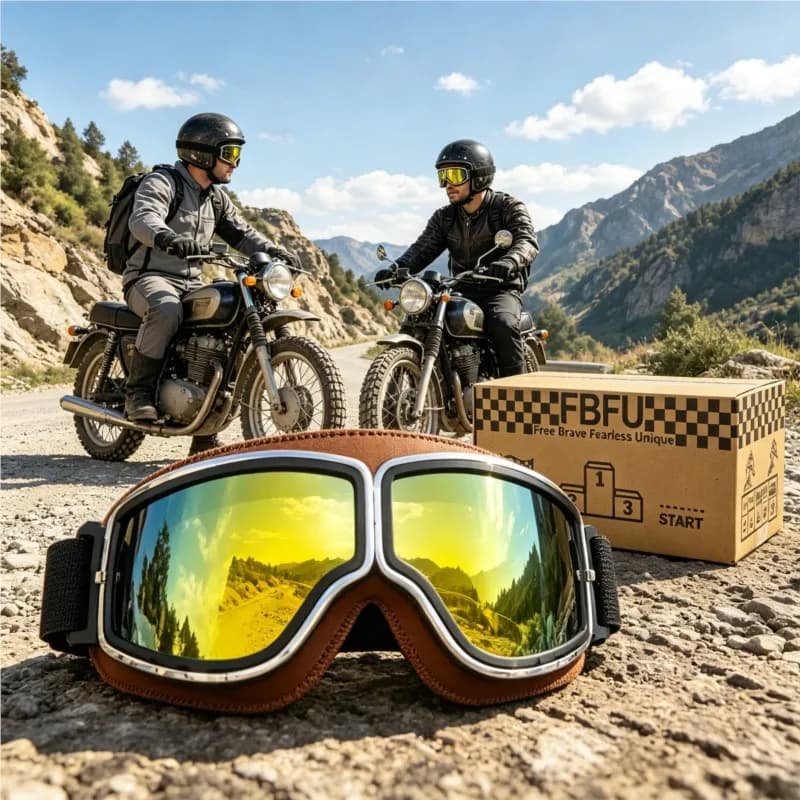 Retro Leather Lined Outdoor Goggles with Storage Box Wind Resistant Eyewear for Ski & Dirt Bike Off Road Sports