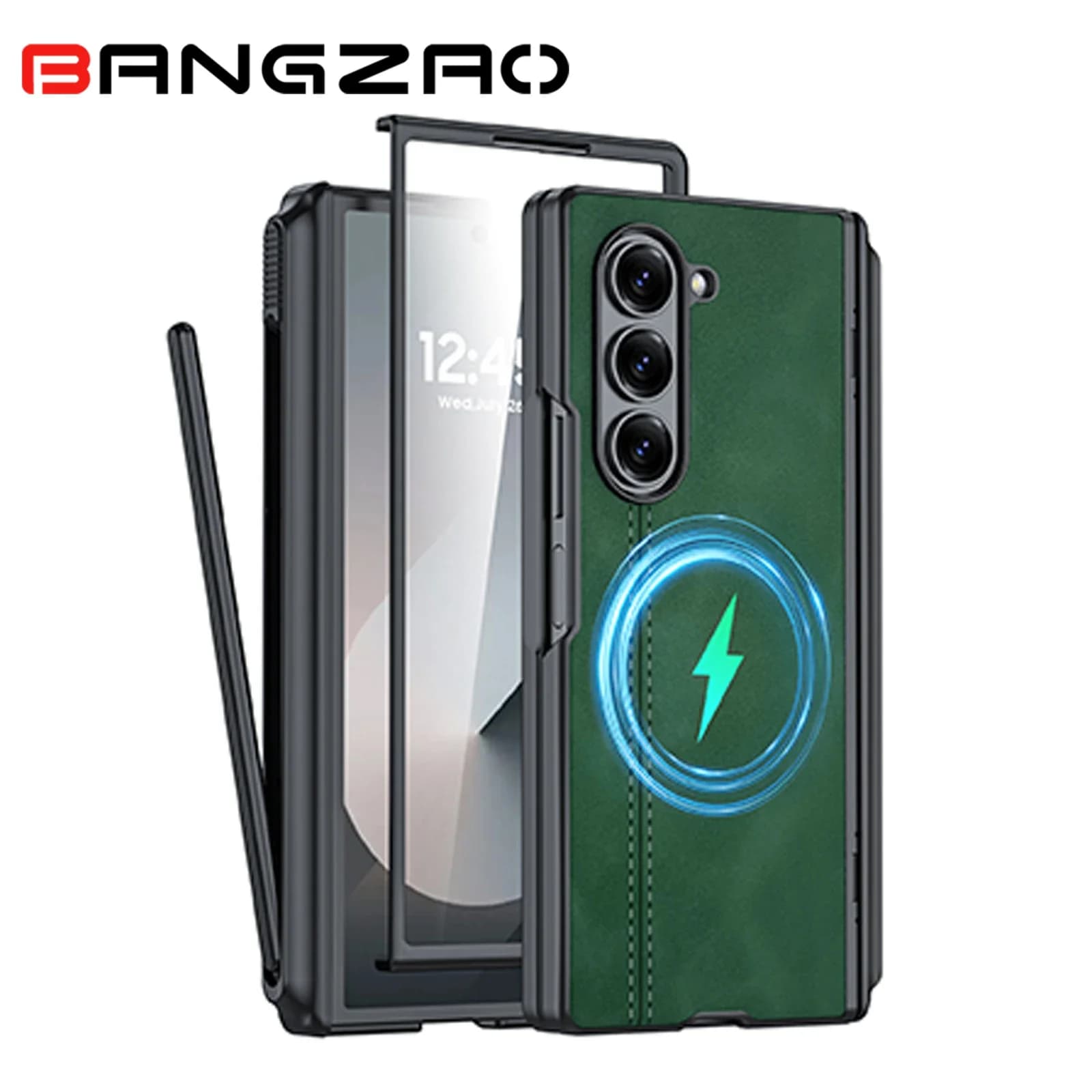 Custodia di Lusso in Pelle Antiurto per Galaxy Z Fold 6 con Porta S Pen, Protezione Schermo 9H Integrata e Protezione Cerniera - Verde