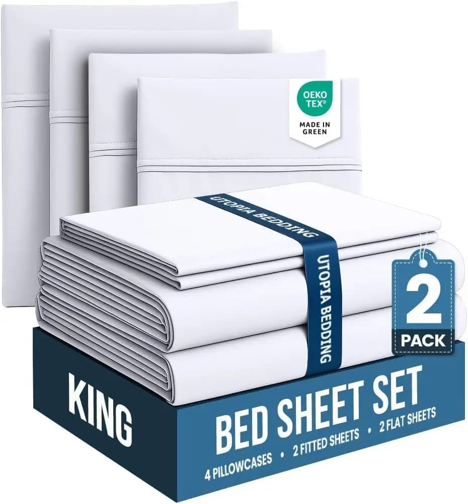 King Size 4 pieces set, 2 pack - Soft brushed microfiber, shrink and fade resistant, easy to clean (Bianco)