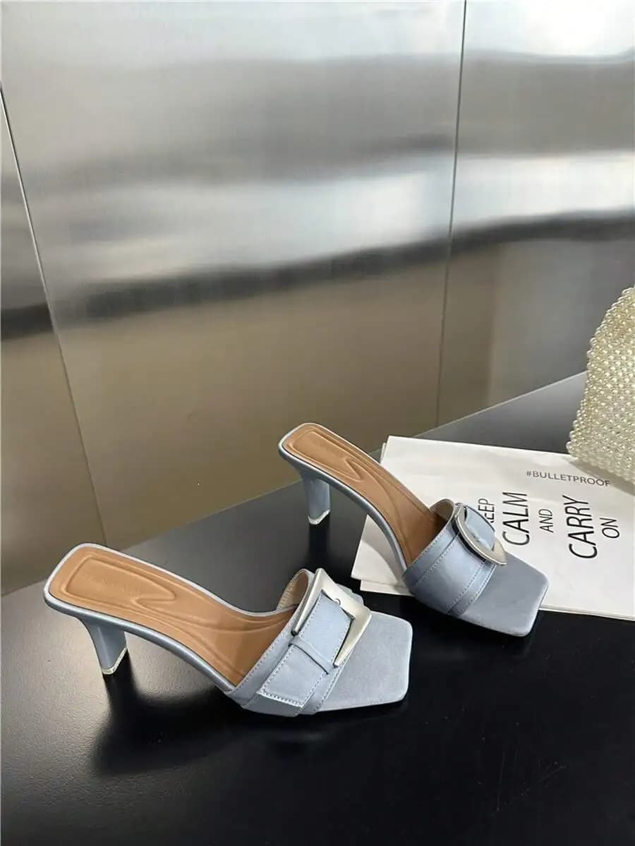 Chic Square Toe Satin Mules With Metallic Buckle Block Heel Slip On Womens Dress Sandals