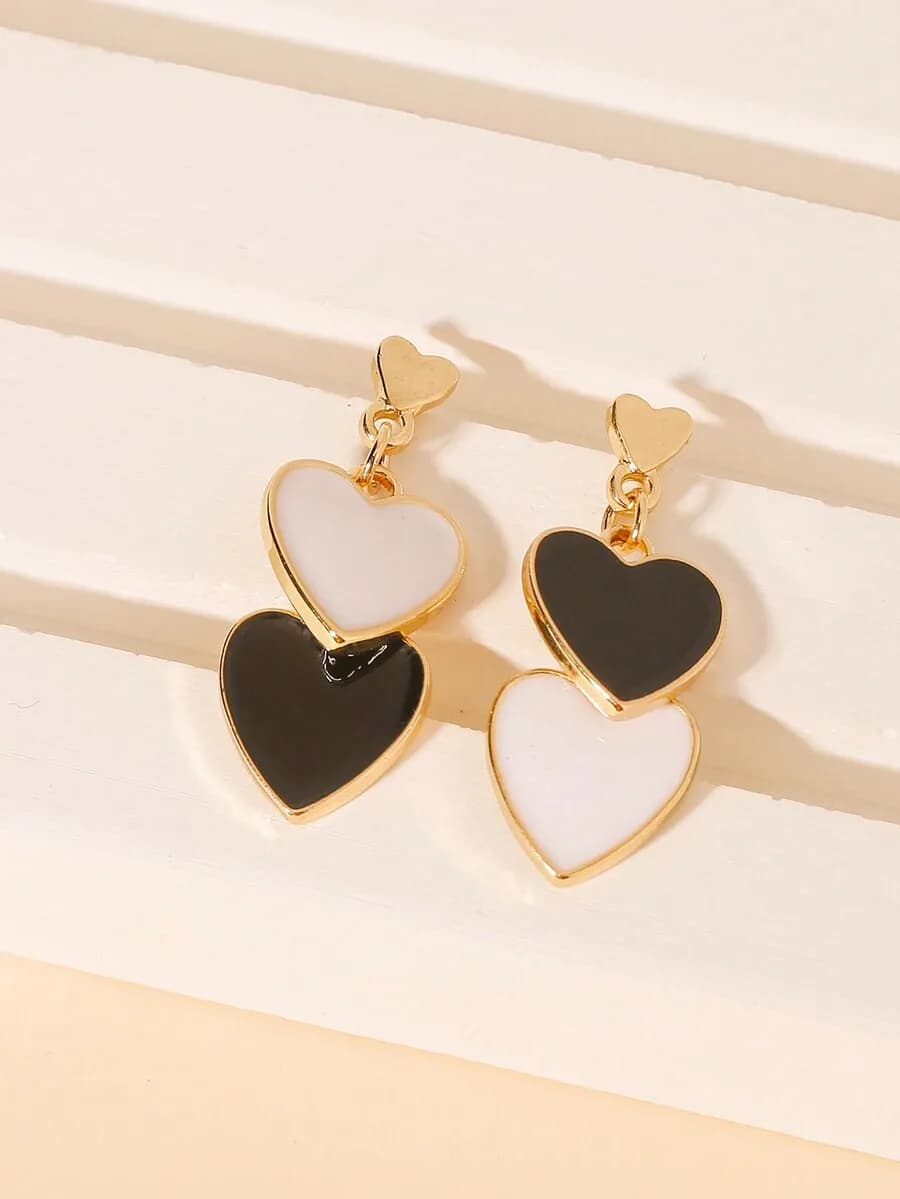 1pair European And American Style Simple Alloy Double-Layered Heart Drop Earrings For Women, Summer Jewelry For Daily And Specia