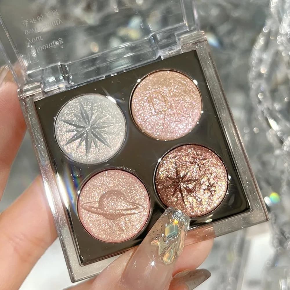 Palette Ombretti Quattro Colori Planet: Aurora Viola Metallizzato Scintillante, Illuminante in Polvere Cotta, Glitter Diamantato per Trucco Occhi