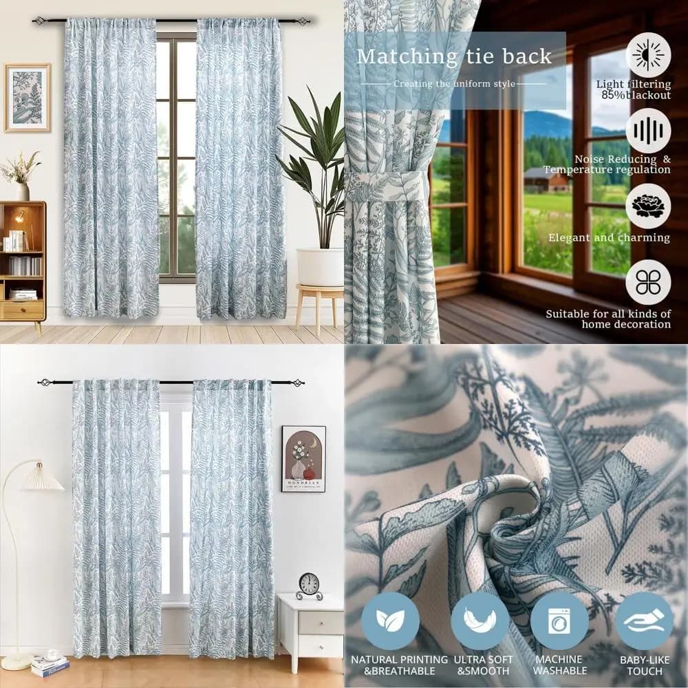 Blue chenille curtains with rustic style floral pattern, 52 inches wide x 84 inches long per bedroom and living room