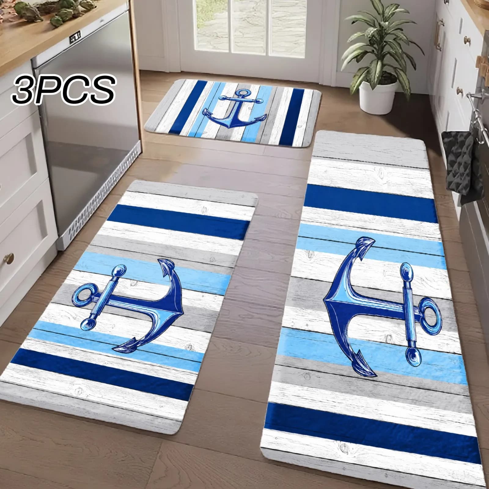 3PCS Kitchen Rugs,Home Decoration for Front Door, Kitchen, Bathroom, Blue Anchor Stripes Wood Pattern Print Dining Mat