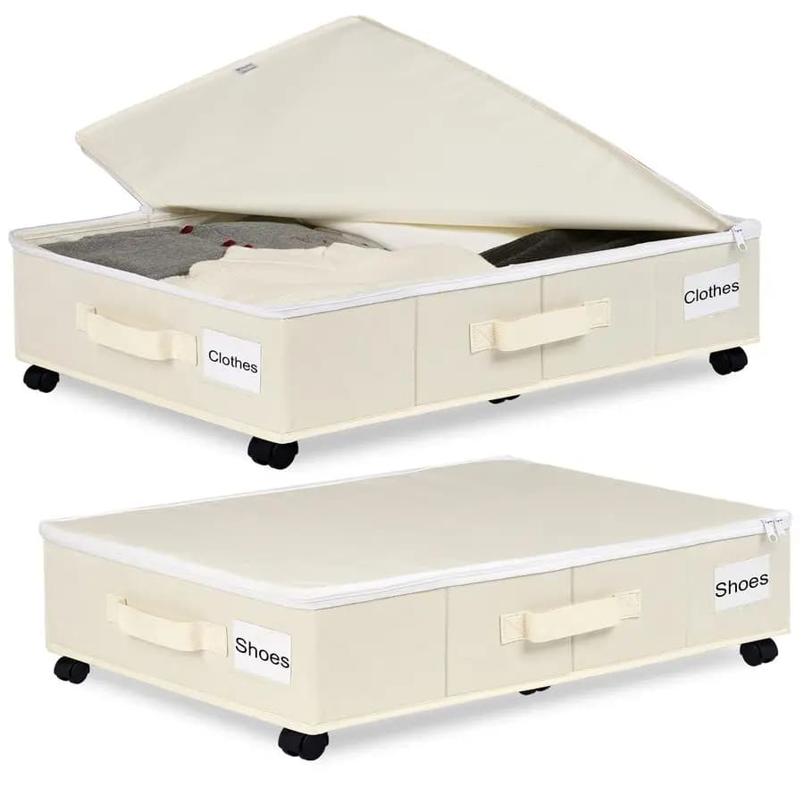 Contenitori portaoggetti sotto il letto con ruote, set da 2, con etichette per vestiti, scarpe e coperte, contenitori scorrevoli sotto il letto