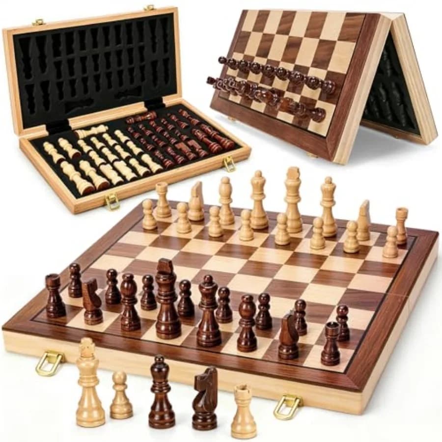 Magnetic Wooden Chess Set for Adults,15" Folding Chess Boards with 2 Extra Queens, Portable Travel Chess Sets with Pieces Stora