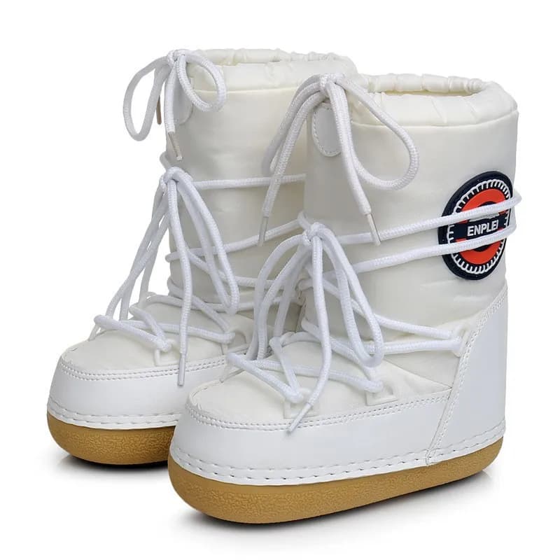 Winter Snow Boots Women Ski Boots Fluffy Hairy Lace Up Middle Calf Platform Flat with White Ski Space Boots