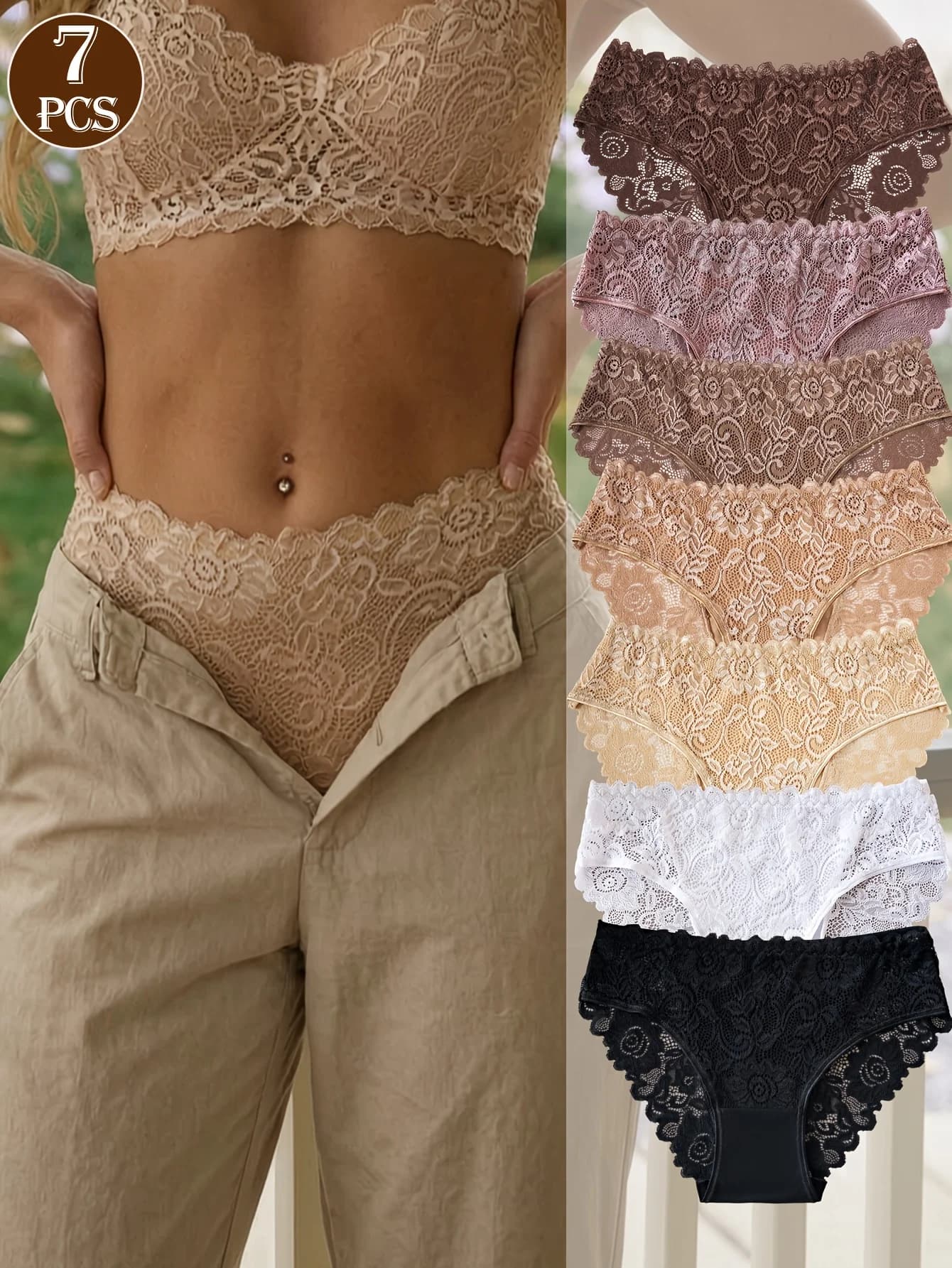 7‑Piece Set of Ladies' Solid‑Color Elegant Lace‑Trimmed Triangle Panties, Comfortable, Skin‑Friendly, Soft and Breathable