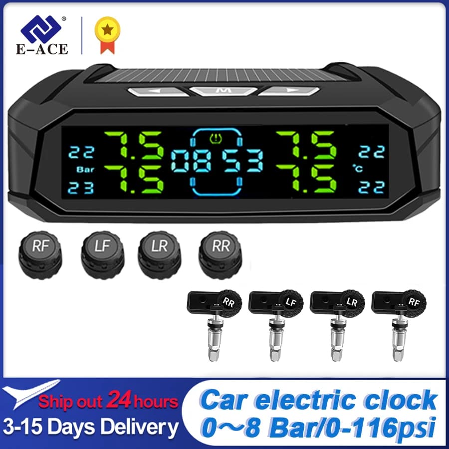Sistema di Monitoraggio Pressione Pneumatici E-ACE Solar TPMS con Orologio Digitale e Sensore Wireless 0-116psi per Auto e Camion
