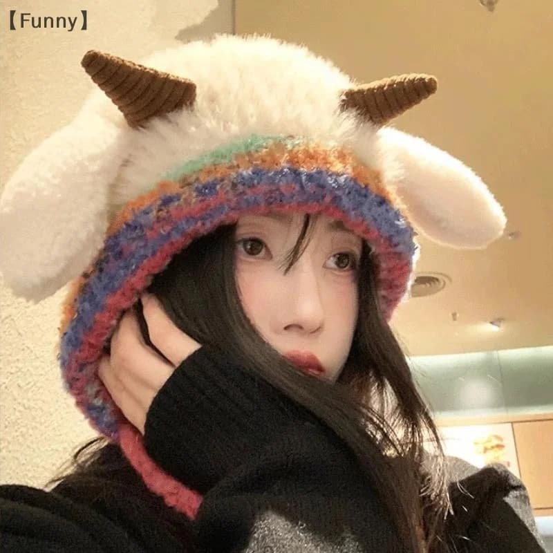 〔Funny〕Double-layer Thick Version Lamb Ears Knitted Ear Protection Loose Big Head Circumference Warm Cold Proof Plush Hat