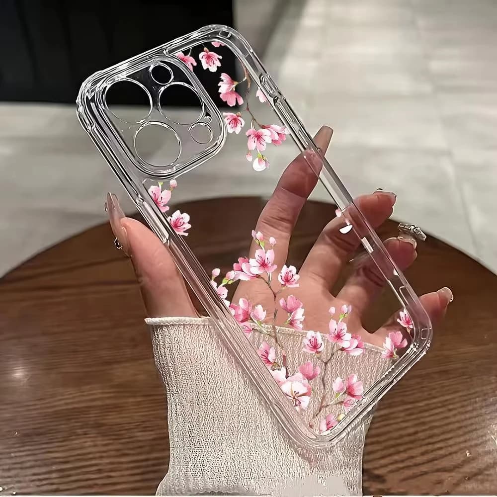 Custodia per telefono in TPU trasparente con fiori di ciliegio rosa, anti-caduta e anti-urto, compatibile con iPhone 17 AIR Pro Max 16E 15Plus 14 13 Mini