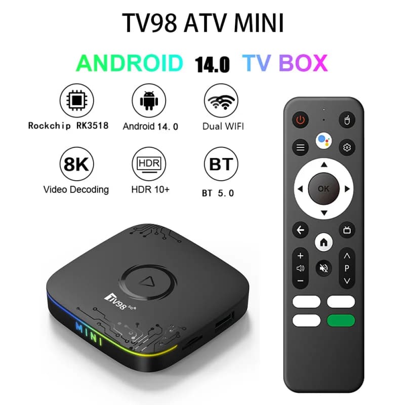 TV98 ATV mini TV Box HD 8K 4K Android 14 Dual WiFi 4G 5G Set Top Box Rockchip RK3518 Lettore multimediale intelligente remoto vocale IPTV