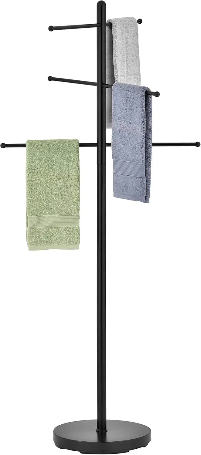 Portasciugamani da esterno a 6 barre per piscina e vasca idromassaggio, moderno supporto in metallo nero con base ponderata