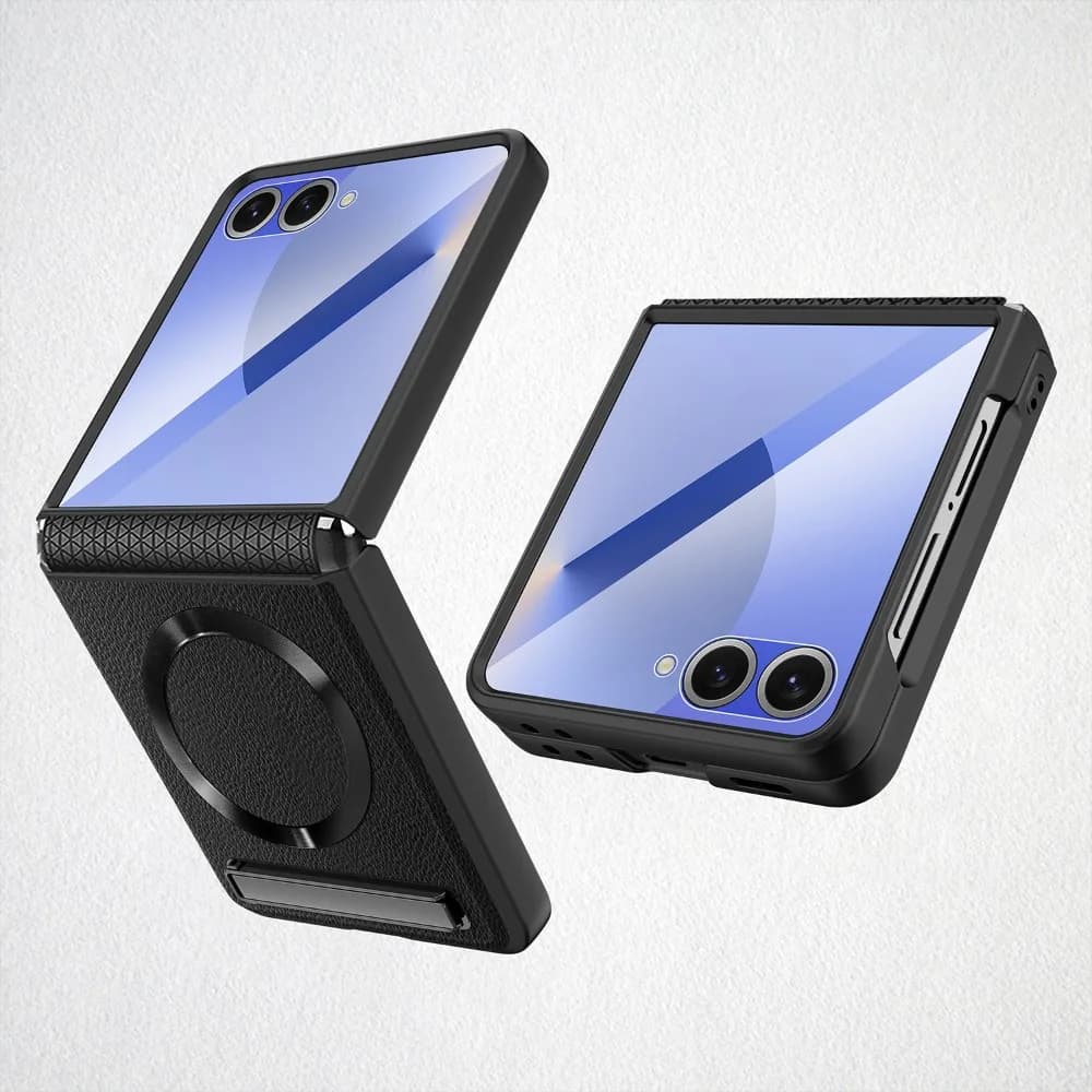 Phone case with magnetic wireless charging stand for Samsung Galaxy Z Flip7 FE Flip 7 6 5 Hinge Glass Film Protector Leather Cover