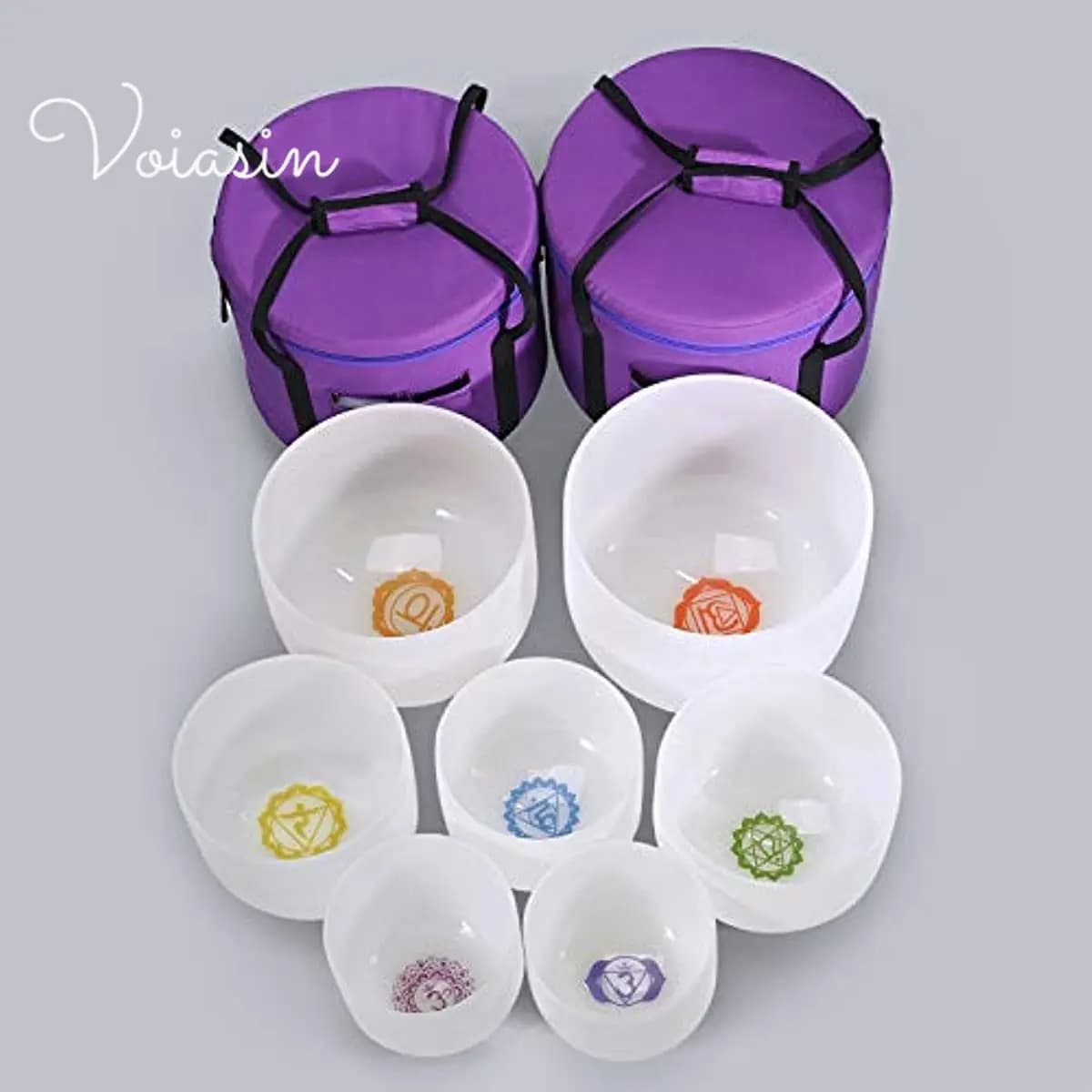 Set of 7 Pcs, 8-14inch,Pure White Color Frosted Quartz Crystal Singing Bowl, 432/440Hz, Meditation Basic Musical Instruments Set