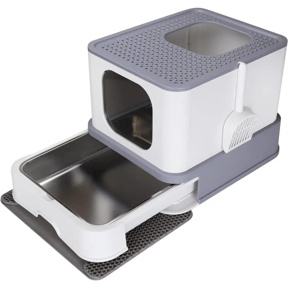 Lettiera Chiusa per Gatti con Pareti Alte - Grigio Chiaro - Rivestimento Antiaderente - Ampia Vasca Anti-Perdita per il Controllo degli Odori o per Ambienti Abitabili