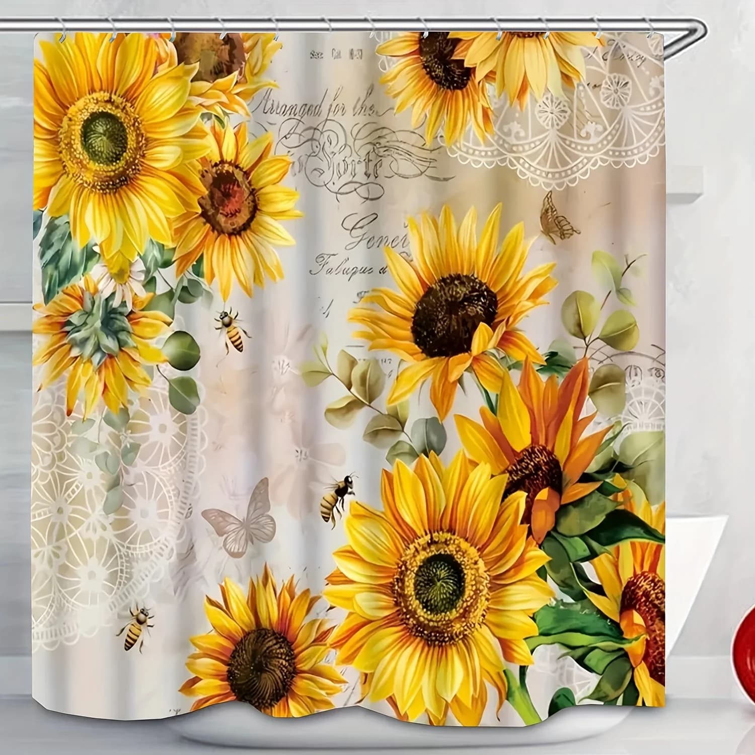 Tenda da doccia 1 pezzo: design vibrante di girasoli e api per un bagno luminoso e allegro impermeabile