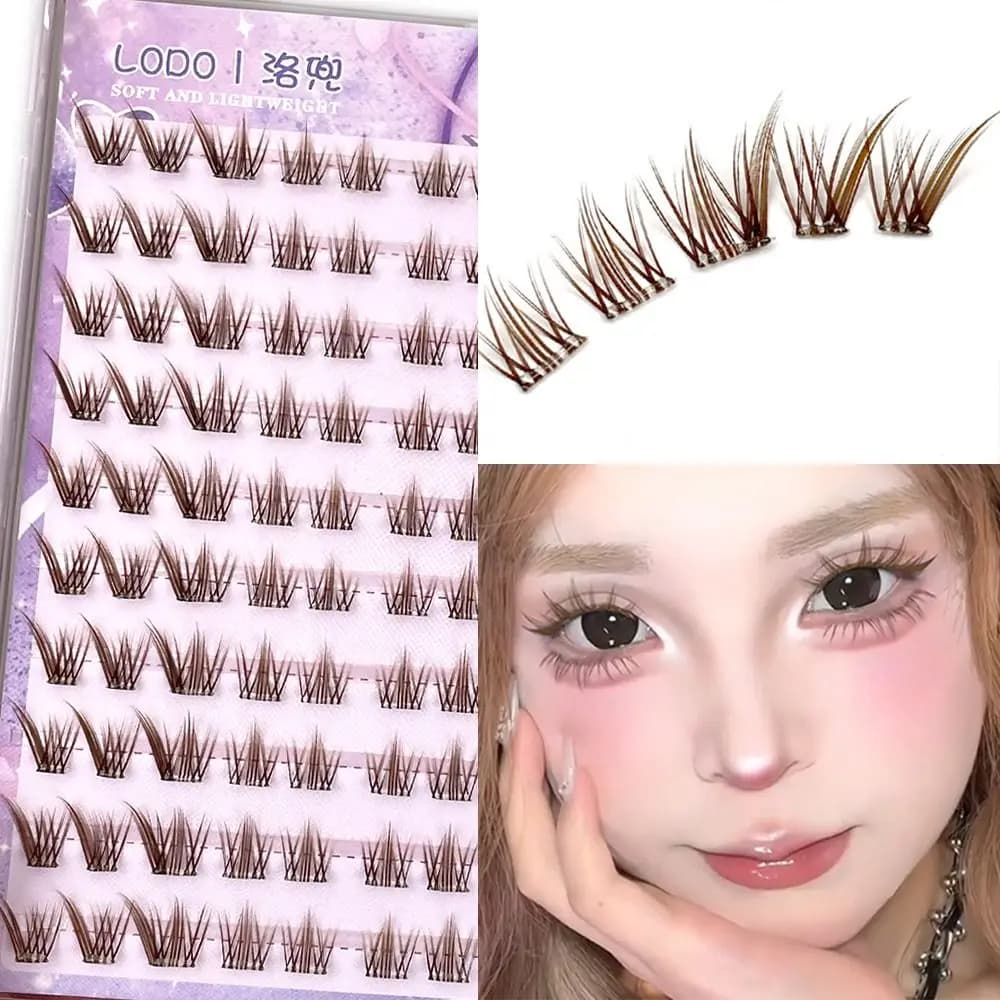 Fake 3D Singles Brown Eyelashes, Segmented Eyelash Natural Effect Without Colla, Manga Style