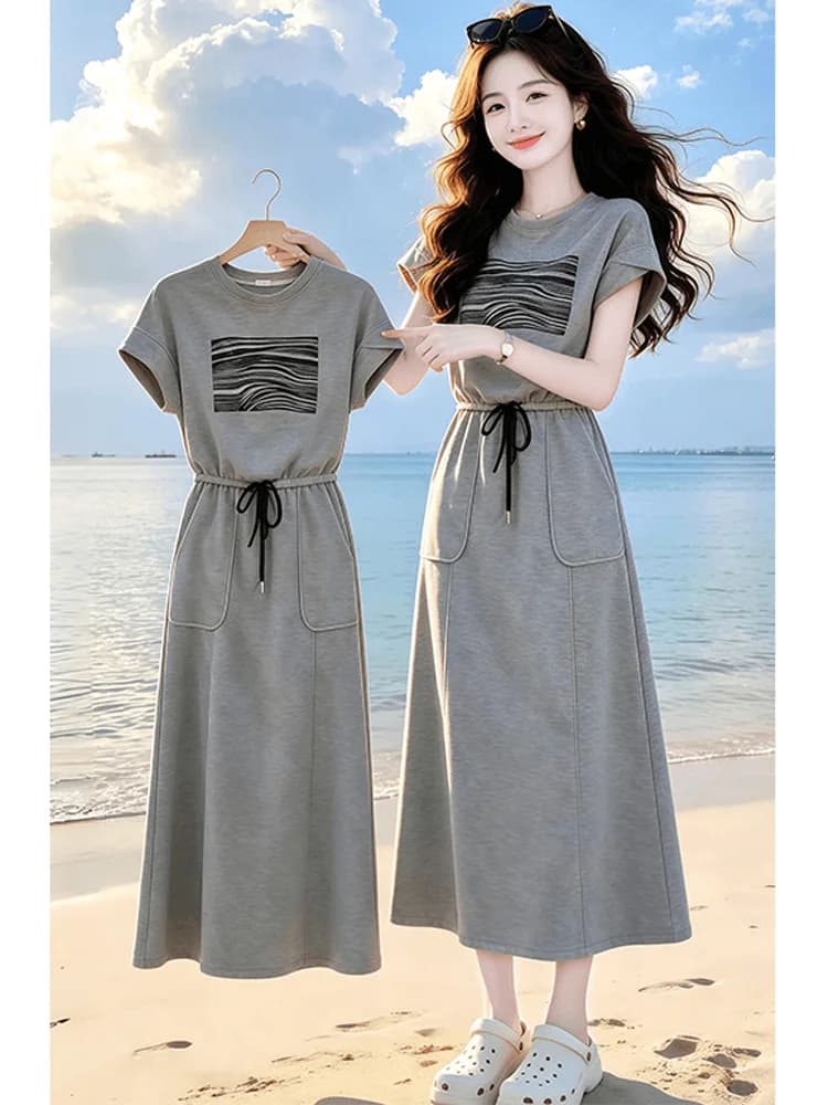 Gray Short Sleeve T-Shirt And Skirt Casual Summer Fashion Anti-Aging Women's Two-Piece Set Comfortable High Waist Midi S...