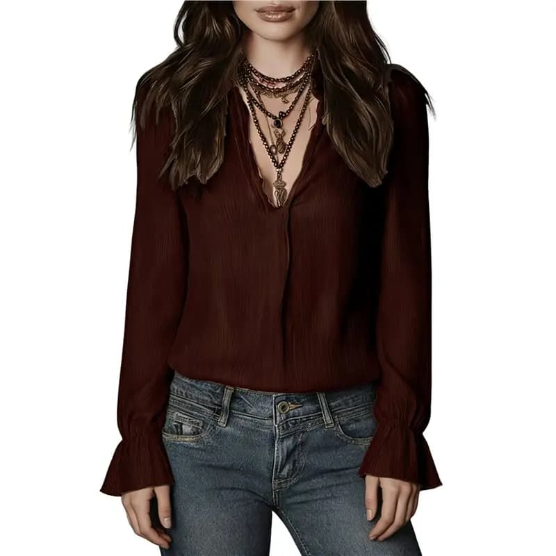 CYL-Camicetta Casual Elegante da Donna a Tinta Unita con Maniche Lunghe e Colletto Rovesciato per Uso Quotidiano Rosso Vino S