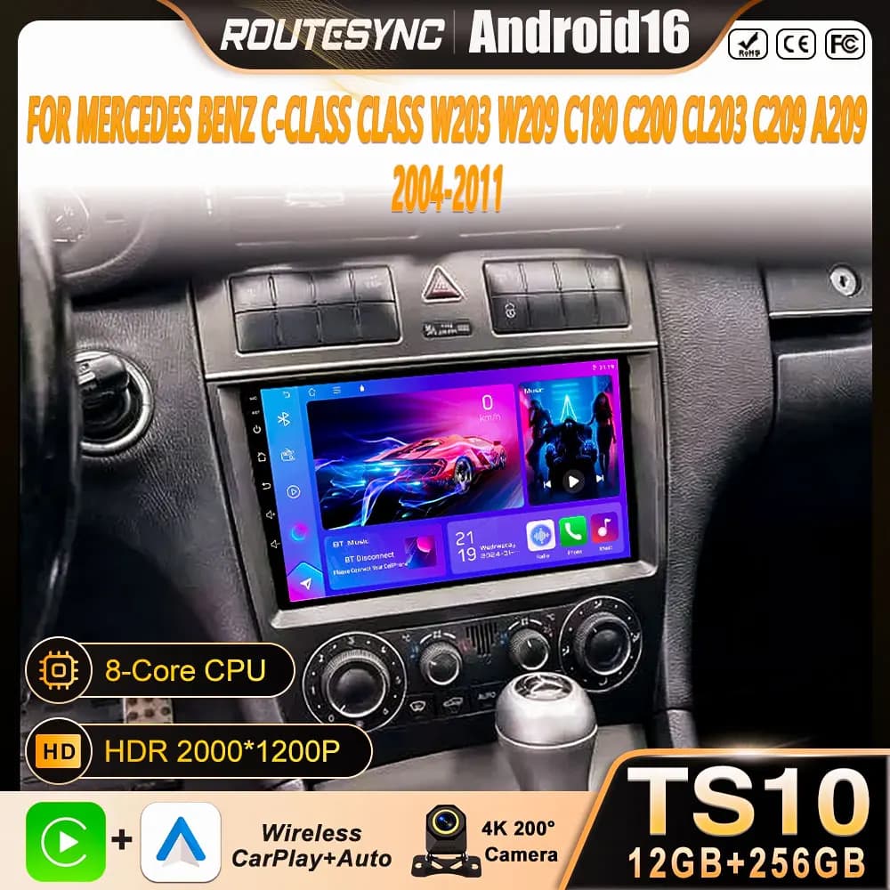 Autoradio Android 16 da 9 pollici per Mercedes Benz Classe C W203 W209 C180 C200 CL203 C209 A209 2004-2011 BT Carplay Schermo QLED 2K