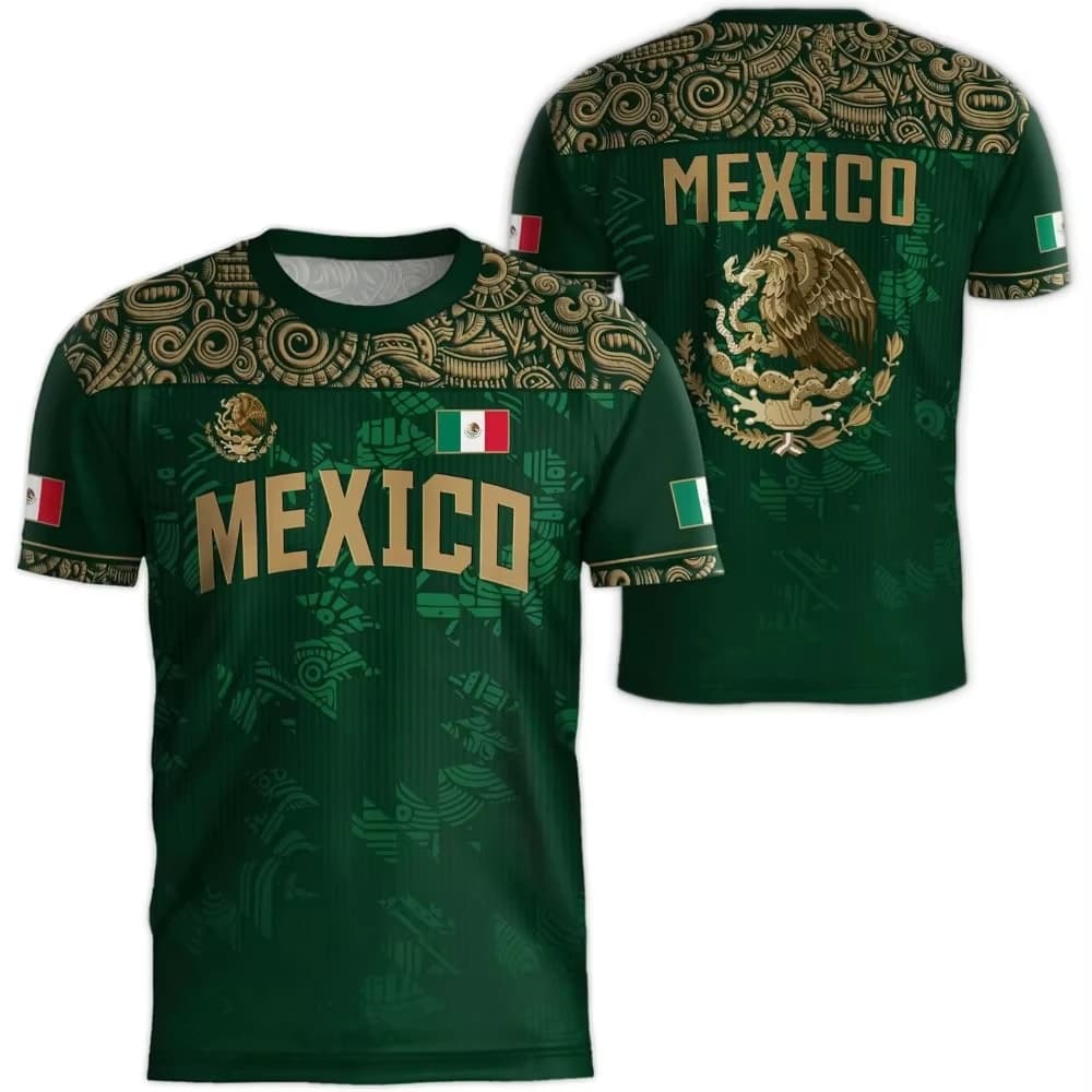 Mexican Flag-themed 3D Eagle Pattern Sport Quick-dry Breatha Men's T-shirt Outdoor Football Sportswear parent-child Clothing