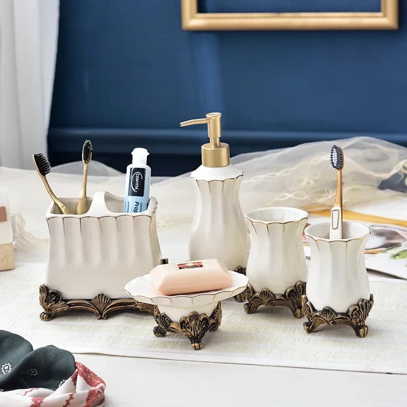 1 pezzo di bottiglia per lozione in ceramica bianca, stile europeo, tazza per gargarismo, portasapone, porta spazzolino, accessori per il bagno di casa