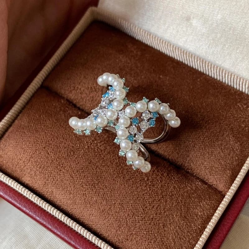 Anello Bellux in Argento 925 con Zirconi e Perla Bianca, Elegante Anello a Farfalla Blu per Donne