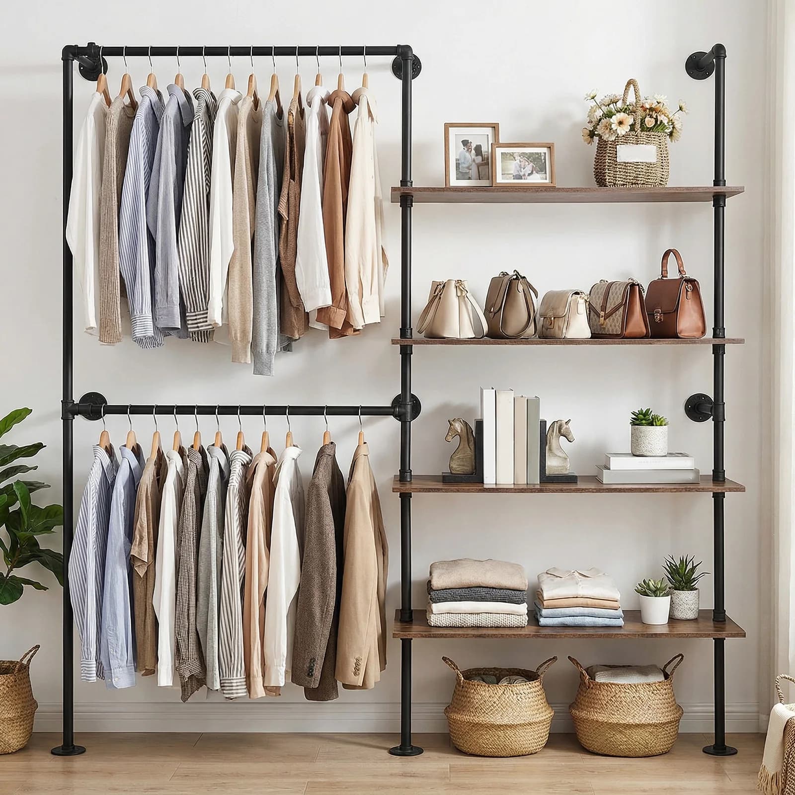 Long Industrial Clothes Hanger, Organizer for Clothes Resistant, Wood Shelves for Clothes Conservation, Wall Hangers